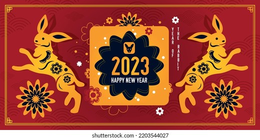 Chinese new year 2023 horizontal poster with zodiacal sign of rabbit flat vector illustration