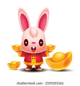 Chinese New Year 2023 with little rabbit cartoon holding gold ingots. Gold ingots spread on ground. Year of the rabbit