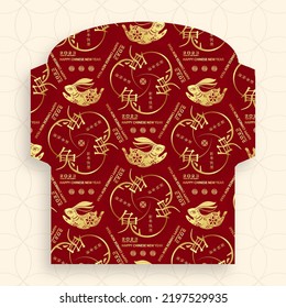 Chinese new year 2023 lucky red envelope money packet on color background for the year of the Rabbit (Translation : happy Chinese new year 2023, year of the Rabbit)