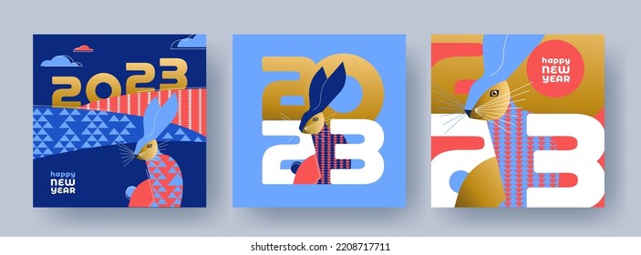 Chinese New Year 2023 modern art design Set in trendy geometric style for branding, cover, card, poster, web banner. Chinese symbol of Year of the Rabbit. Greeting templates in blue, red, gold colors