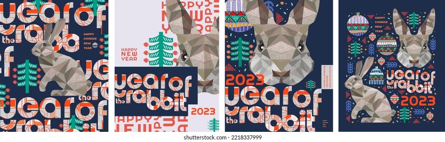 Chinese New Year 2023 modern art design Set for greeting card. Vector illustrations for the year of the rabbit: hare, Christmas tree, text, Christmas toy for a card, poster or background