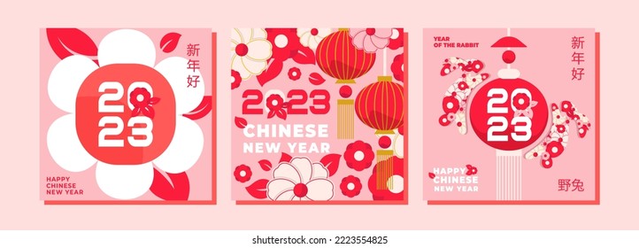 Chinese New Year 2023.
Modern design on a pink background with flower aesthetics. Perfect for social media. The hieroglyphs mean a wish for a happy New Year and the symbol of the year of the Rabbit.
