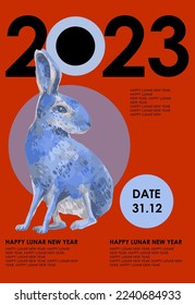 Chinese New Year 2023 modern colorful art design for branding covers, cards, posters, banners.  Trendy blue rabbit design on red background