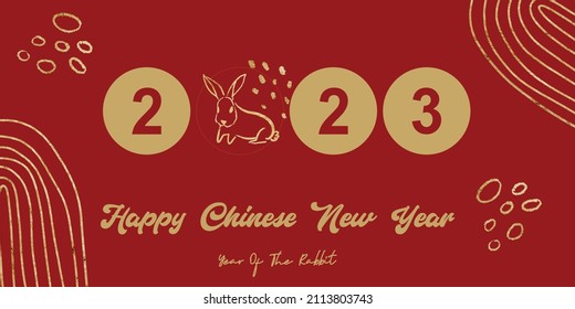 Chinese New Year 2023, the year of the rabbit, red and gold line art characters, simple hand-drawn Asian elements with a craft Happy Chinese New Year 2023, year of Rabbit