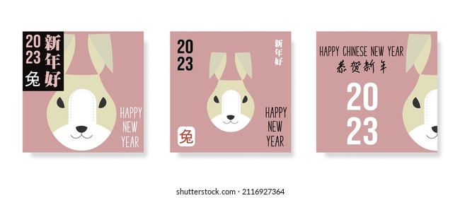 Chinese new year 2023 year of the rabbit, line art character, simple hand drawn asian elements with craft style on background. (Chinese translation: Happy chinese new year 2023, year of rabbit)