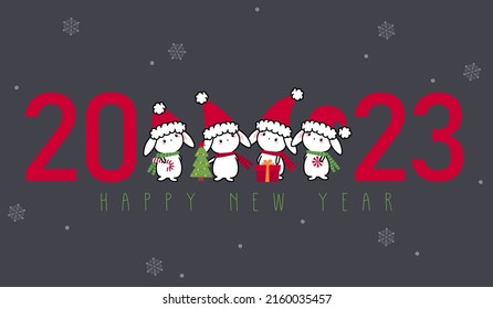 Chinese new year. 2023 New year. Rabbit horoscope sign. 2023 design. New year symbol. 2023 cute design. Chinese horoscope rabbit with Santa hat 2023. Flat minimalism vector illustration. Rabbit