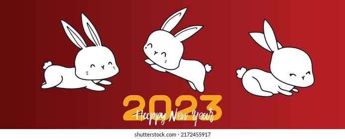 Chinese New Year 2023, the year of the rabbit, red and gold line art characters, simple hand-drawn Asian elements with craft (Chinese translation: Happy Chinese New Year 2023, year of the rabbit).