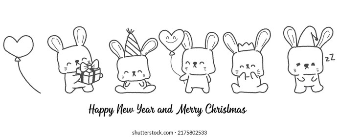 Chinese New Year 2023, the year of the rabbit, red and gold line art characters, simple hand-drawn Asian elements with craft (Chinese translation: Happy Chinese New Year 2023, year of the rabbit).