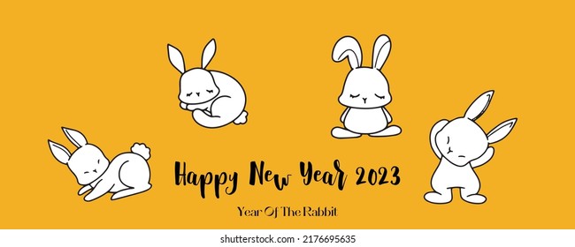 Chinese New Year 2023, the year of the rabbit, red and gold line art characters, simple hand-drawn Asian elements with craft (Chinese translation: Happy Chinese New Year 2023, year of the rabbit).