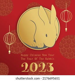 Chinese New Year 2023, the year of the rabbit, red and gold line art characters, simple hand-drawn Asian elements with craft (Chinese translation: Happy Chinese New Year 2023, year of the rabbit).