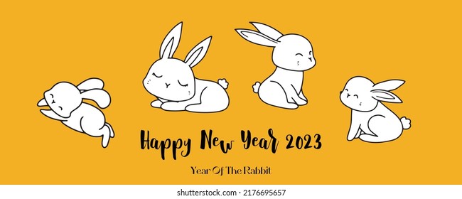 Chinese New Year 2023, the year of the rabbit, red and gold line art characters, simple hand-drawn Asian elements with craft (Chinese translation: Happy Chinese New Year 2023, year of the rabbit).