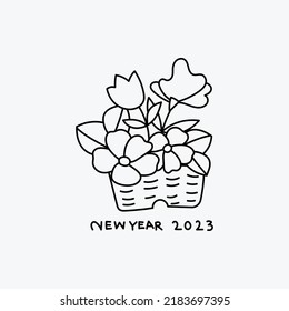 Chinese New Year 2023, the year of the rabbit, red and gold line art characters, simple hand-drawn Asian elements with craft (Chinese translation: Happy Chinese New Year 2023, year of the rabbit).