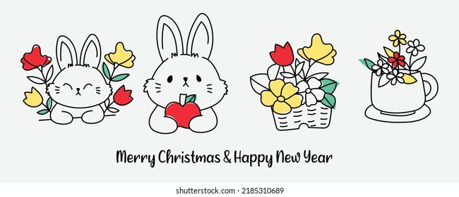 Chinese New Year 2023, the year of the rabbit, red and gold line art characters,Asian elements with craft (Chinese translation: Happy Chinese New Year 2023, ).
