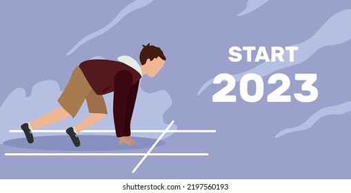 Chinese New Year 2023, year of the rabbit. Treadmill. Start, the beginning of a new year. Landscape. Sport. Ready to go. The guy got ready to run. Ready set Go