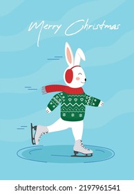 Chinese New Year 2023, year of the rabbit. a cute rabbit in a New Year's sweater and a hat with headphones against the background of snowflakes is skating on the lake. Figure skating. Merry Christmas.