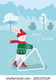 Chinese New Year 2023, year of the rabbit. a cute rabbit in a New Year's sweater and a hat with headphones on the background of snowflakes learn to skate on the lake. Figure skating. Merry Christmas.