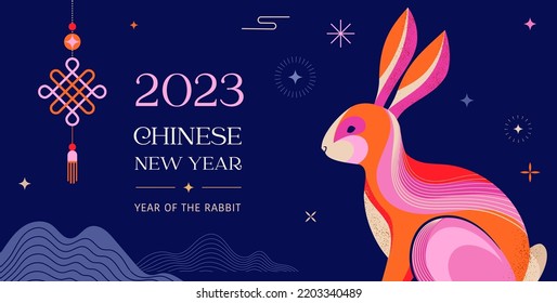 Año nuevo chino 2023 año del conejo - símbolo zodiaco chino, concepto de año nuevo lunar, diseño de fondo colorido moderno