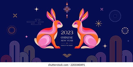 Chinese new year 2023 year of the rabbit - Chinese zodiac symbol, Lunar new year concept, colorful modern background design