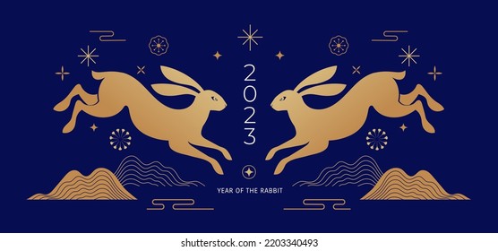 Chinese new year 2023 year of the rabbit - Chinese zodiac symbol, Lunar new year concept, blue and golden modern background design - Shutterstock ID 2203340493