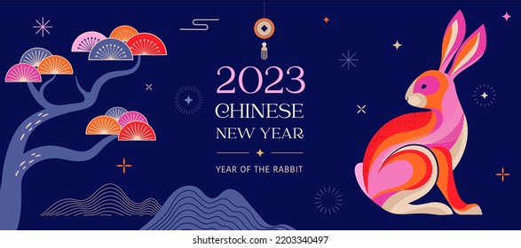 Chinese new year 2023 year of the rabbit - Chinese zodiac symbol, Lunar new year concept, colorful modern background design