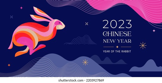 Chinese new year 2023 year of the rabbit - Chinese zodiac symbol, Lunar new year concept, colorful modern background design - Shutterstock ID 2203927869