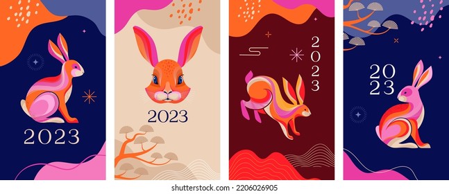 Chinese new year 2023 year of the rabbit - Story template designs. Chinese zodiac symbol, Lunar new year concept, colorful modern background design - Shutterstock ID 2206026905