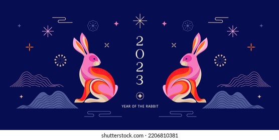 Chinese new year 2023 year of the rabbit - Chinese zodiac symbol, Lunar new year concept, colorful modern background design - Shutterstock ID 2206810381