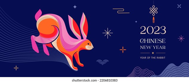 Chinese new year 2023 year of the rabbit - Chinese zodiac symbol, Lunar new year concept, colorful modern background design - Shutterstock ID 2206810383