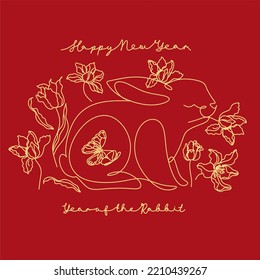 Chinese New Year 2023, the year of the rabbit, red and gold line art characters, simple hand-drawn Asian elements with craft (Chinese translation: Happy Chinese New Year 2023, year of the rabbit).