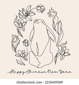 Chinese New Year 2023, the year of the rabbit, line art animals, simple hand-drawn Asian elements. Happy Chinese New Year 2023, year of the rabbit