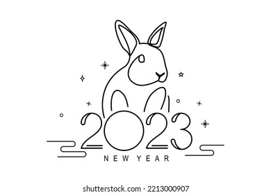 Chinese New Year 2023, year of the rabbit, black line art characters and simple hand drawn Asian elements