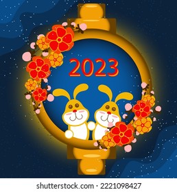 Año nuevo chino 2023 del conejo, símbolo zodiaco chino. Cartel del año nuevo de conejos con fondo azul. Ilustración festiva de dos arenas, linternas doradas y flores.