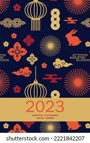 Año nuevo chino 2023 año del conejo - símbolo zodiaco chino, concepto de año nuevo lunar, diseño de fondo moderno azul y dorado