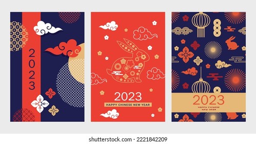 Chinese new year 2023 year of the rabbit - Chinese zodiac symbol, Lunar new year concept, blue and golden modern background design