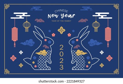 Chinese new year 2023 year of the rabbit - Chinese zodiac symbol, Lunar new year concept, blue and golden modern background design