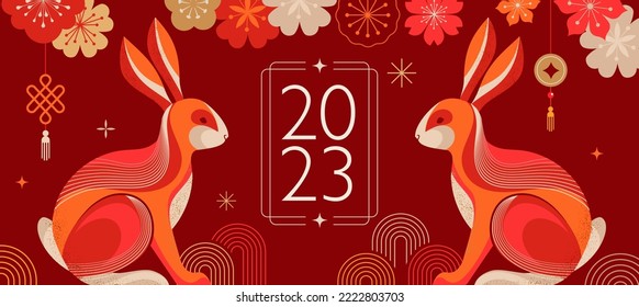 Chinese new year 2023 year of the rabbit - red traditional Chinese designs with rabbits, bunnies. Lunar new year concept, modern design. Translation: Happy Chinese new year - Shutterstock ID 2222803703