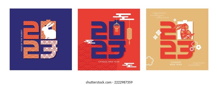 Chinese new year 2023 year of the rabbit - Chinese zodiac symbol, Lunar new year concept, blue and golden modern background design - Shutterstock ID 2222987359