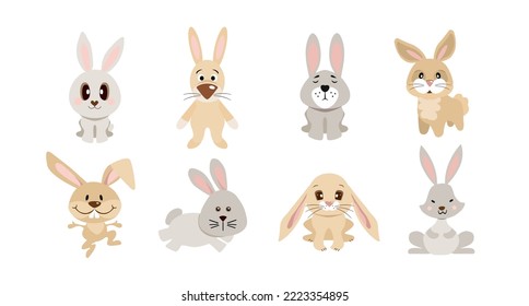 Chinese New Year 2023 of the rabbit. Set of cute bunnies in different poses in cartoon on white background. Hares fits for designing kids clothes, greeting cards, banner, poster. Vector illustration