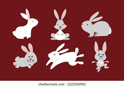 Chinese New Year 2023 of the rabbit. Set of cute bunnies in different poses in cartoon on red background. Hares fits for designing kids clothes, greeting cards, banner, poster. Vector illustration