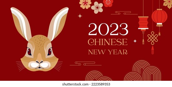 Chinese new year 2023 year of the rabbit - red traditional Chinese designs with rabbits, bunnies. Lunar new year concept, modern design. Translation: Happy Chinese new year