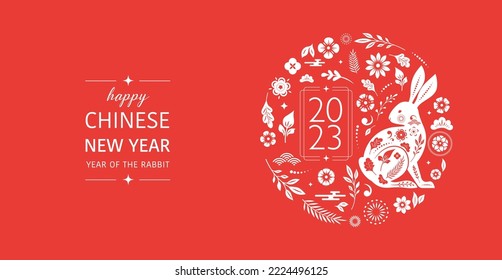 Chinese new year 2023 year of the rabbit - red traditional Chinese designs with rabbits, bunnies. Lunar new year concept, modern design. 