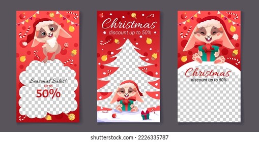 Chinese new year 2023 year of the rabbit. Social media posts with cute rabbit and goft box. Template designs with zodiac symbol. Vector cartoon illustration