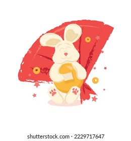 Chinese new year 2023, Rabbit 
hare on the background of a pink fan, gold mannets.
