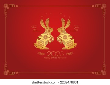 Chinese New Year 2023. Year of the Rabbit. Zodiac animals. Red golden greeting card with traditional Chinese pattern sitting rabbit. Paper cut style vector illustration.