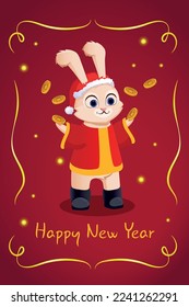 Chinese New Year 2023 is the year of the rabbit, the symbol of the Chinese zodiac. Cute Christmas Bunny. Postcard template