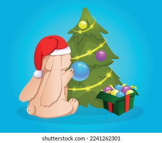 Chinese New Year 2023 is the year of the rabbit, the symbol of the Chinese zodiac. Cute Bunny decorates Christmas tree . Postcard template