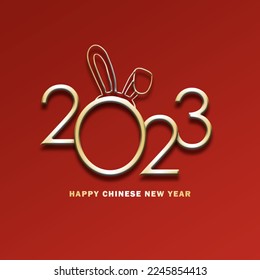 Chinese New Year 2023, year of the rabbit, gold line art character on red background