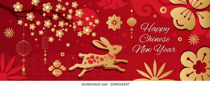 Chinese new year 2023 year of the rabbit - red and gold traditional Chinese designs with rabbit, lanterns and blossom tree. Lunar new year concept, clean elegant design. Holiday design.