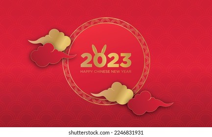 Chinese new year 2023. Year of the rabbit. Lunar new year. A rabbit on the number 2023 with cloud on a red background with Chinese pattern. Vector illustration.