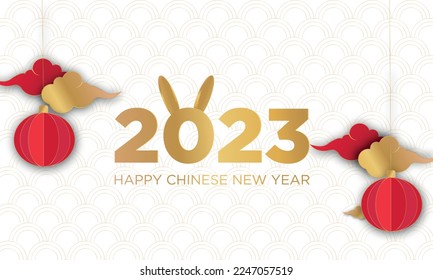 Chinese new year 2023. Year of the rabbit. Lunar new year. A rabbit on the number 2023 with cloud on a white background with Chinese pattern. Vector illustration.